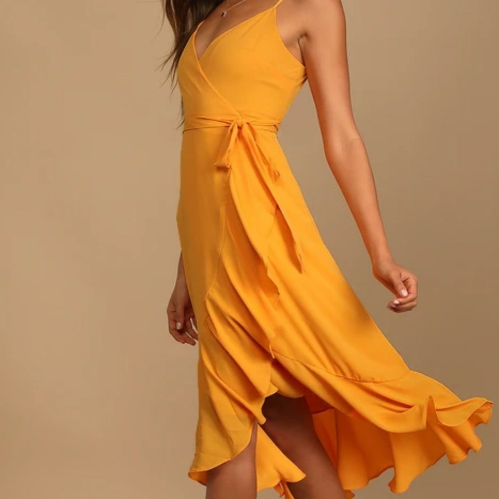 Manhattan Moment Bright Orange Ruffled Midi Wrap Dress